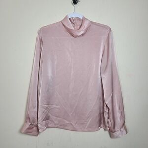 Vintage Pink Satin Womens 12 Top Cowl Mockneck Clean Girl Coquette Parisian Chic